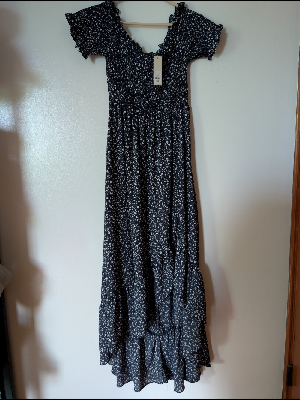 Francesca's Collections Navy Floral Smocked Maxi with Ruffle Sleeves